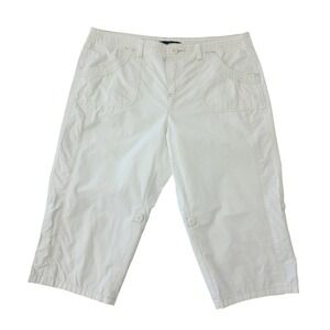 French Cuff White Ripstop Cotton Capri Pants Womens 14P Petite Roll Tab Crop